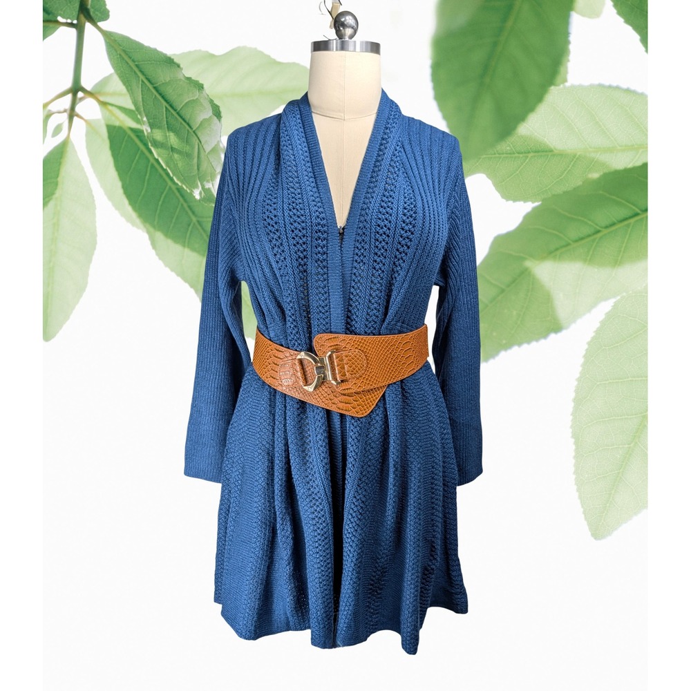 Womens XL Cozy Flared Blue Knitted‎ Long Sleeve Open Front Cardigan Sweater